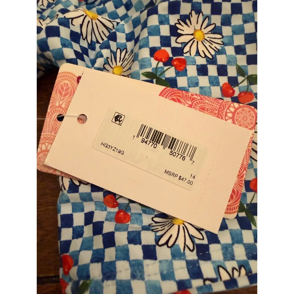 Hobie Girls Blue Checkered Daisy Cherry 2 Piece Swimsuit Set Size 14 HG3YZ19G